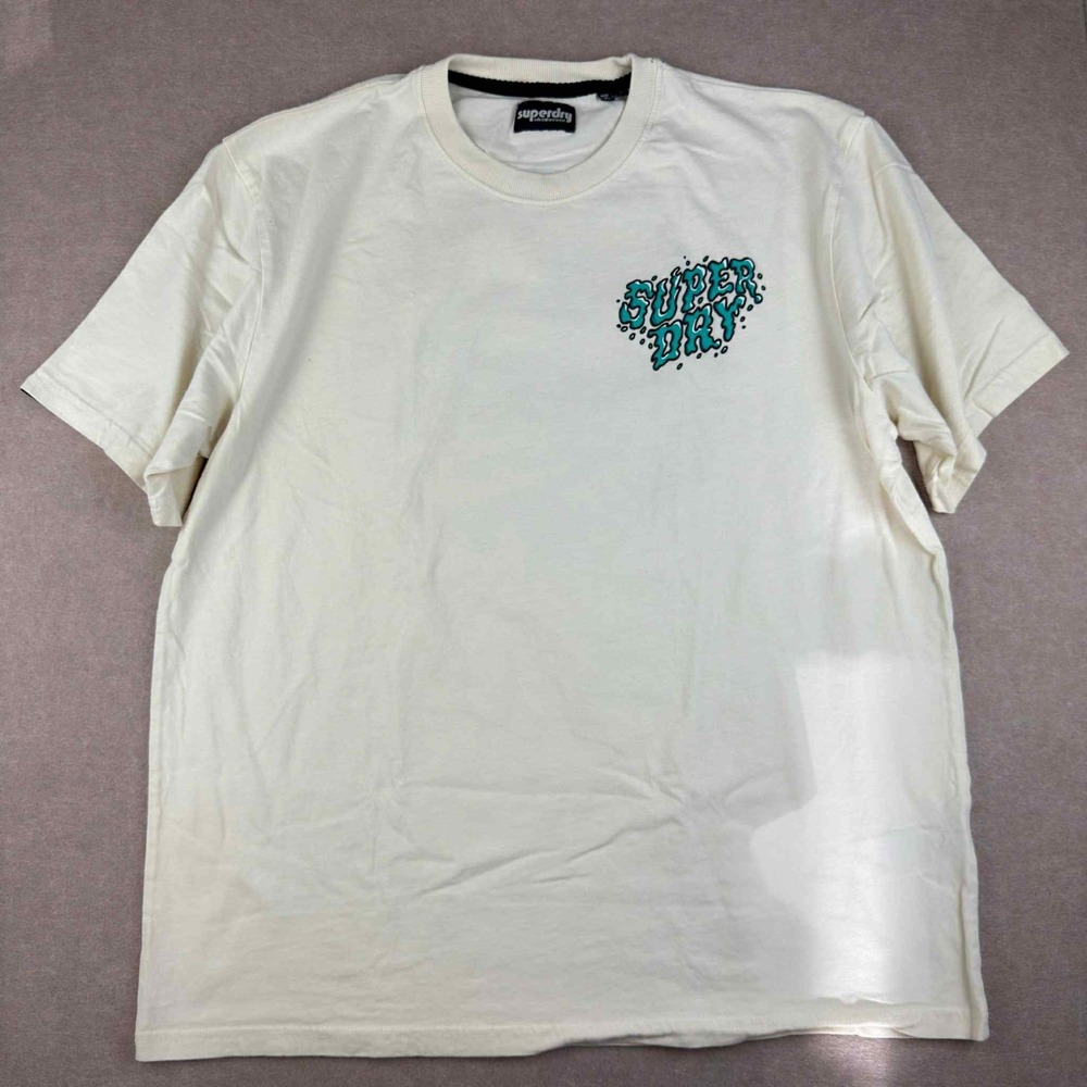 Superdry T-Shirt Men L White Skeleton Surfing Graphic Tee Adventurewear Cotton